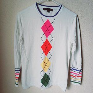 Tommy Hilfiger pull-over sweater. White with various colors and design. Women's
